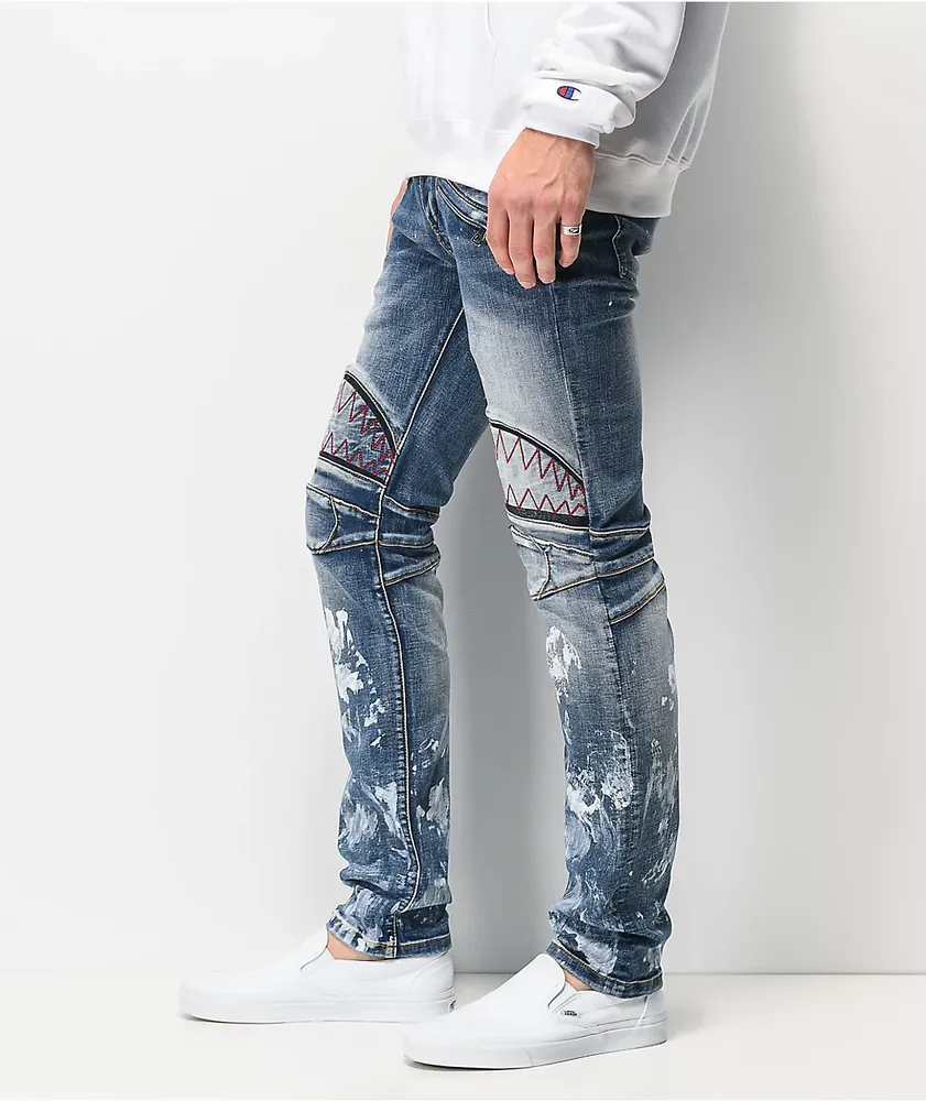 Blue skinny cheap biker jeans