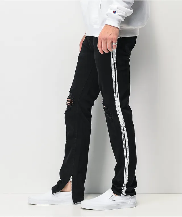 Black jeans with white store stripe