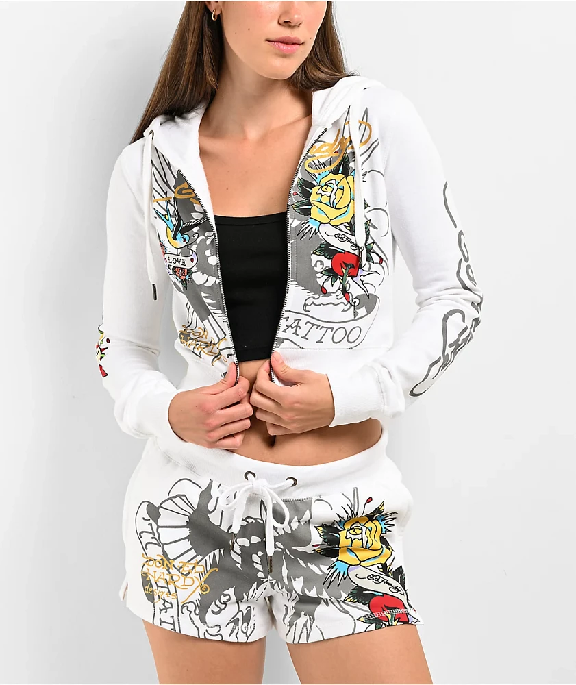 Ed Hardy Brave Eagle Y2K White Crop Zip Hoodie | Arden Fair