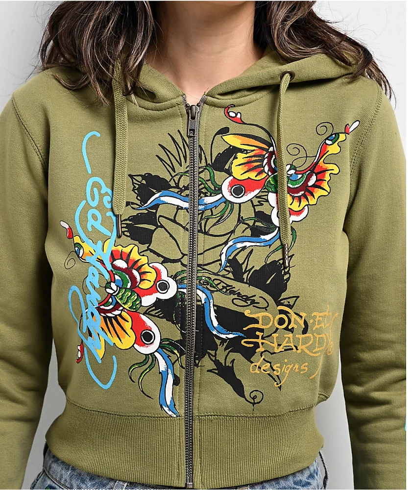 Ed Hardy Butterflies Y2K Olive Crop Zip Hoodie | Liberty Center