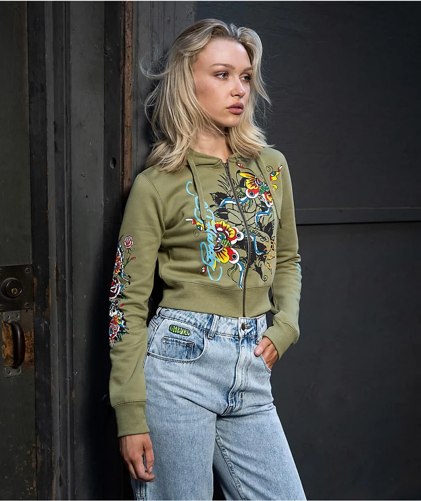 Ed Hardy Butterflies Y2K Olive Crop Zip Hoodie | Mission Valley