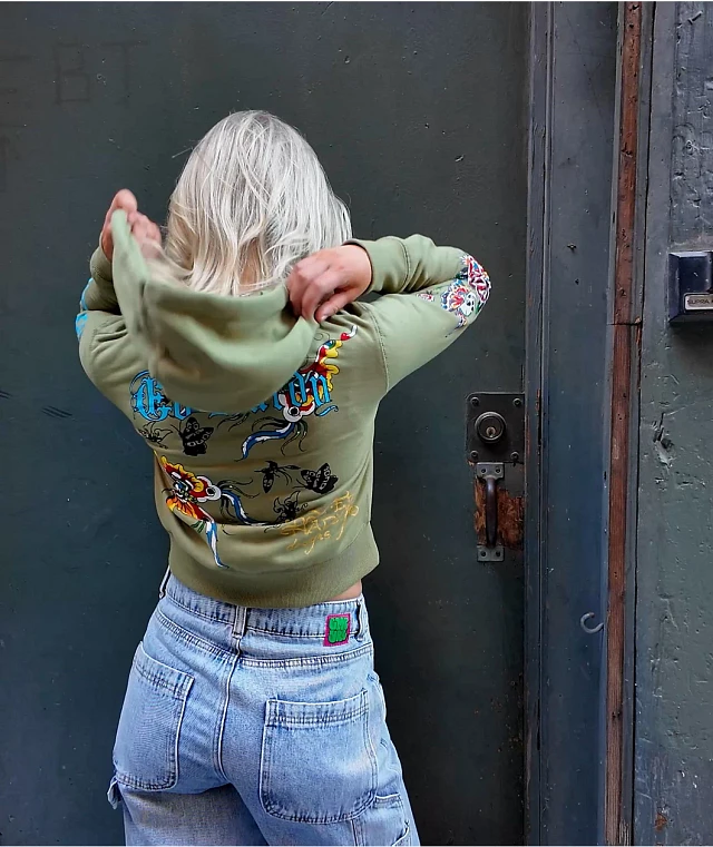 Ed Hardy Butterflies Y2K Olive Crop Zip Hoodie | MainPlace Mall