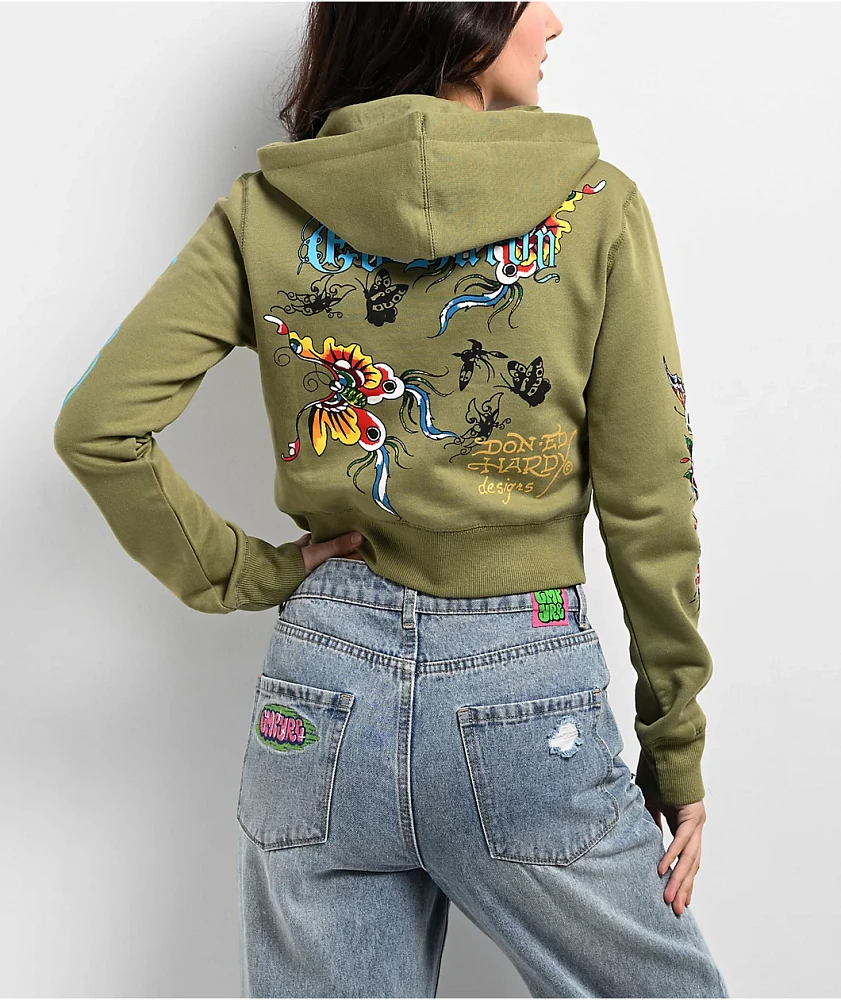 Ed Hardy Butterflies Y2K Olive Crop Zip Hoodie | MainPlace Mall