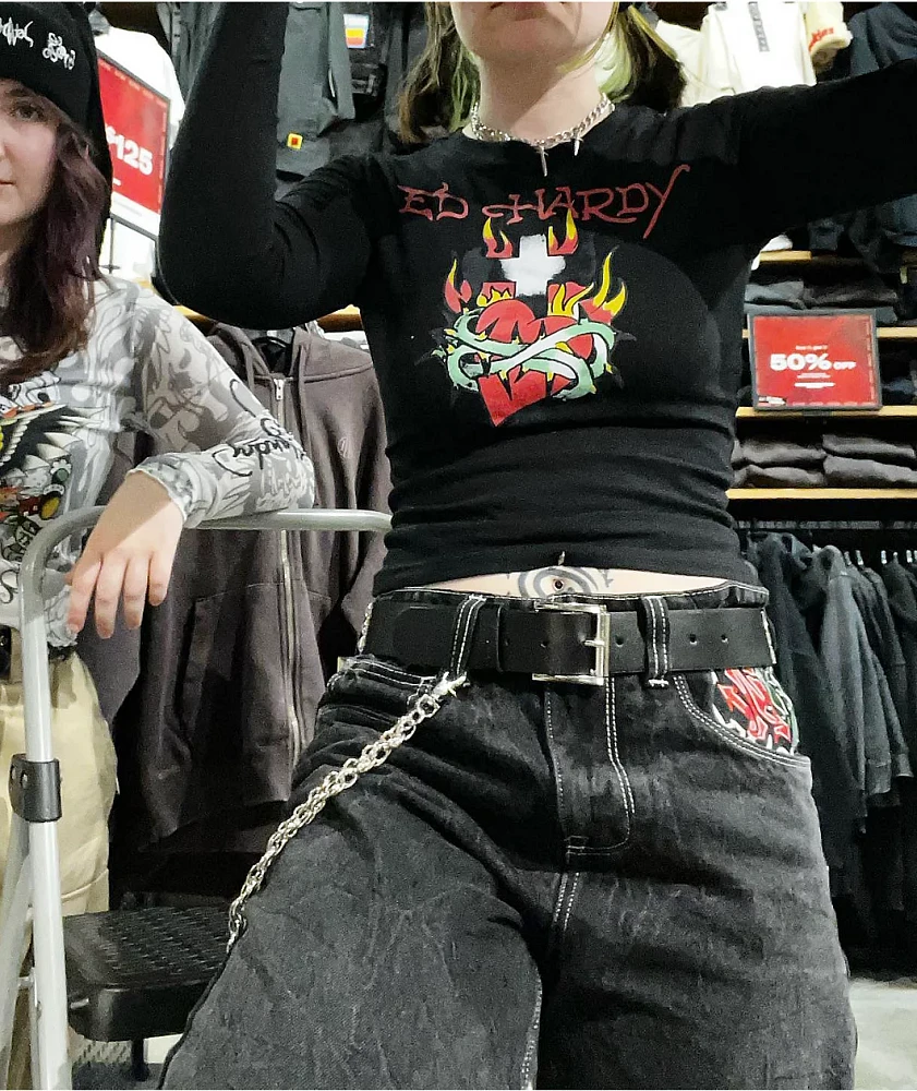 Ed Hardy Cross Heart Black Long Sleeve Crop T-Shirt | Liberty Center