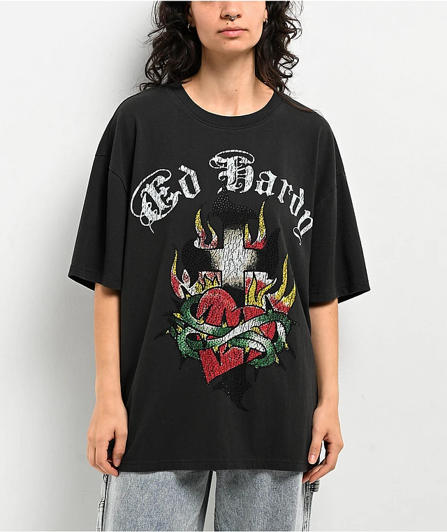 Ed Hardy Cross Heart Charcoal Boxy T-Shirt | MainPlace Mall