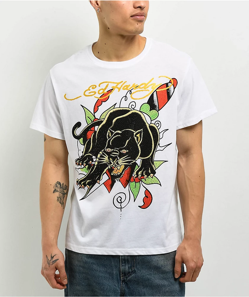 Ed Hardy Crouching Panther Rhinestone White T-Shirt | MainPlace Mall
