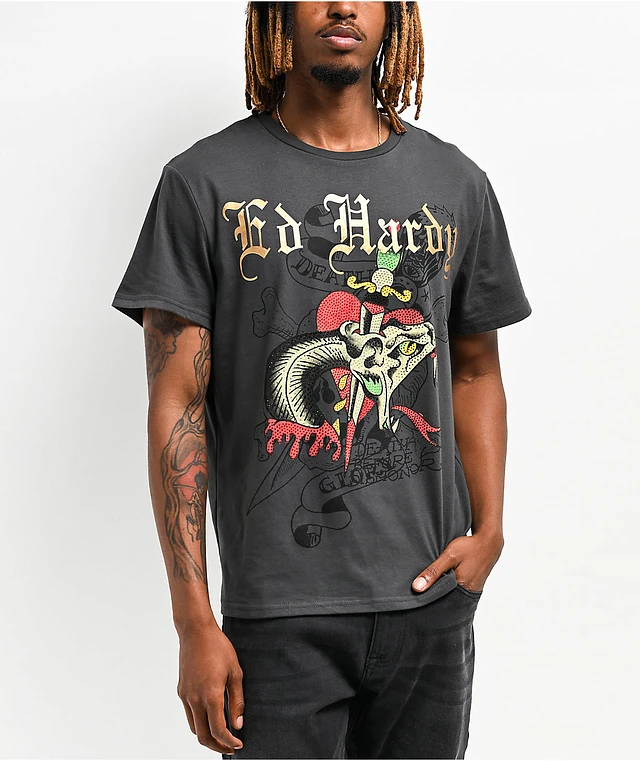 Ed Hardy Dagger Snake Rhinestone Black Wash T-Shirt | Arden Fair