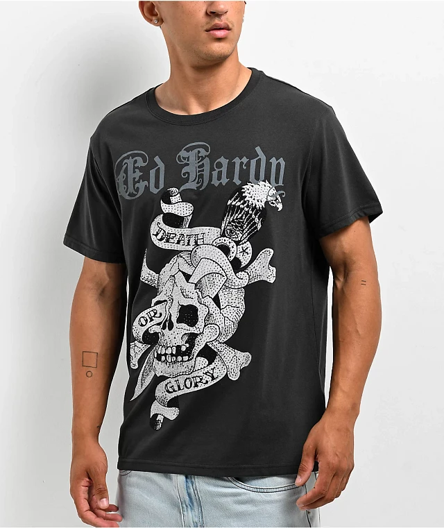 Ed Hardy Death Or Glory Skull Rhinestone Charcoal T-Shirt