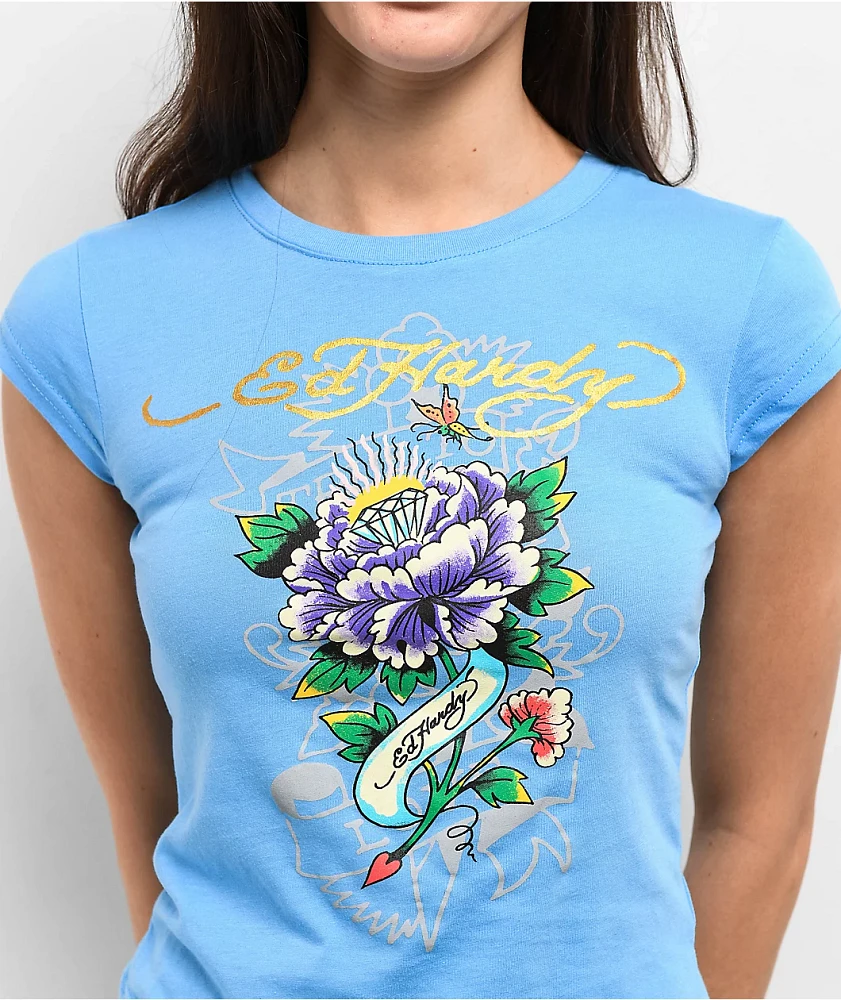 Ed Hardy Diamond Flower Power Blue Cap Sleeve Crop T-Shirt | Arden