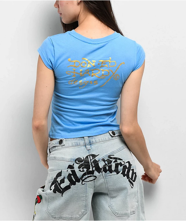 Ed Hardy Diamond Flower Power Blue Cap Sleeve Crop T-Shirt | Arden