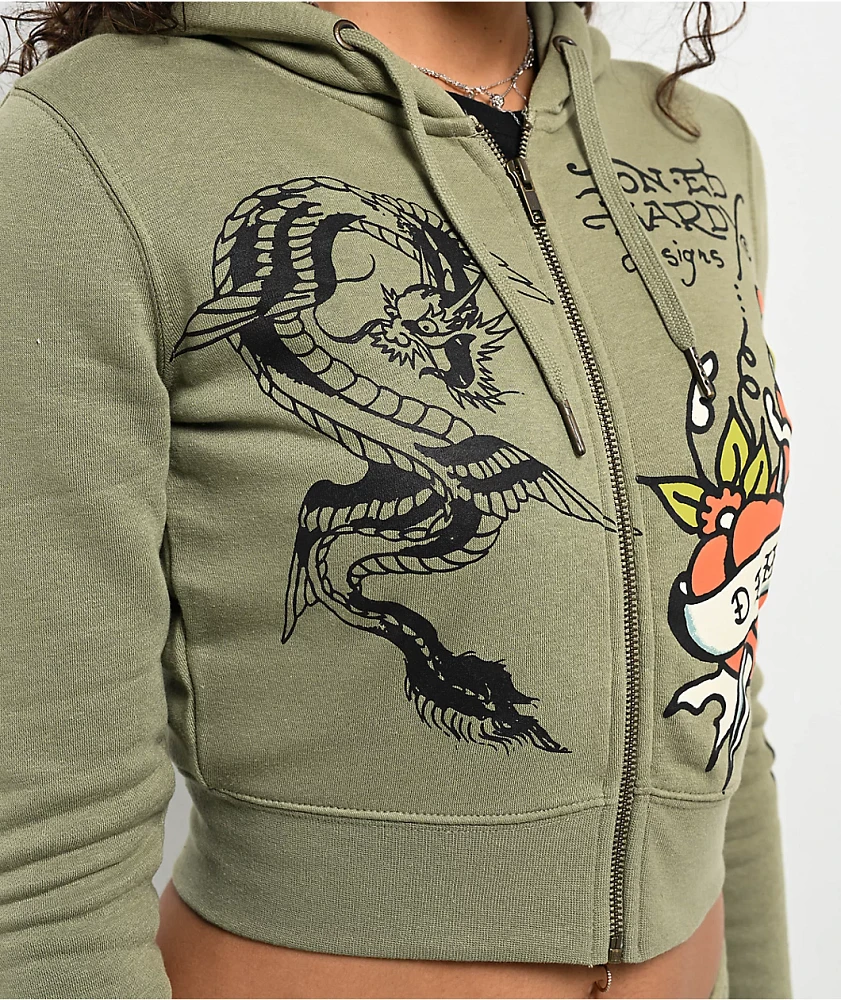 Ed Hardy Dragon Dagger Olive Crop Zip Hoodie | MainPlace Mall