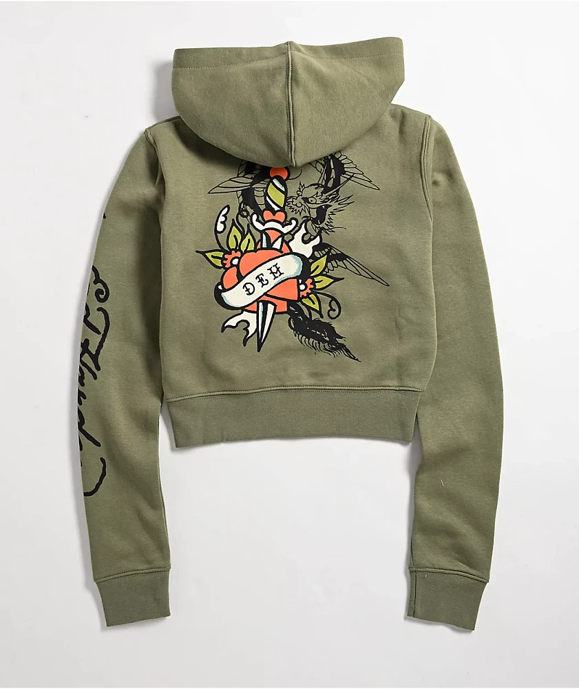 Ed Hardy Dragon Dagger Olive Crop Zip Hoodie | MainPlace Mall