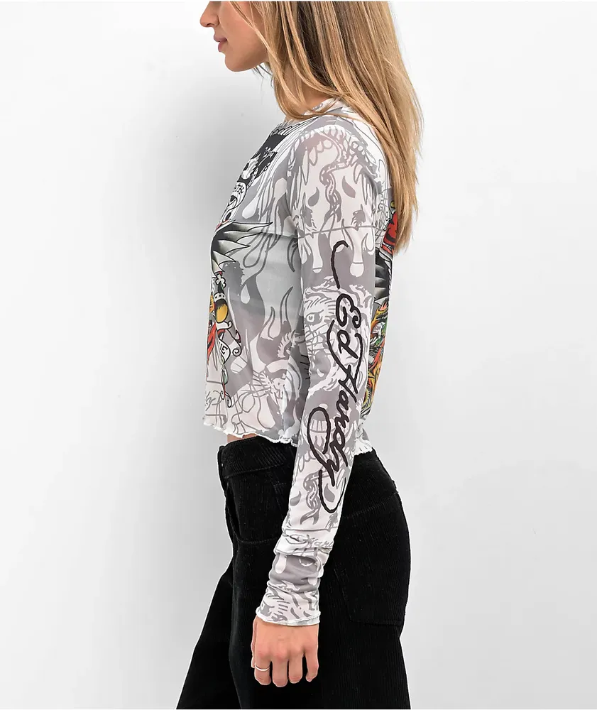 Ed Hardy Dragon Dagger White Mesh Long Sleeve Crop Top | Arden Fair
