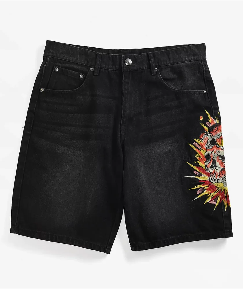 Ed Hardy skull Shorts DEATH GLORY 刺繍 Ed Hardy Exploding Skull Black Denim Shorts | MainPlace Mall