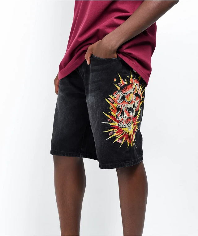 Ed Hardy × Broken Promises “Love Scars” デニムショーツ Ed Hardy x Broken Promises Love Scars Black Denim Shorts