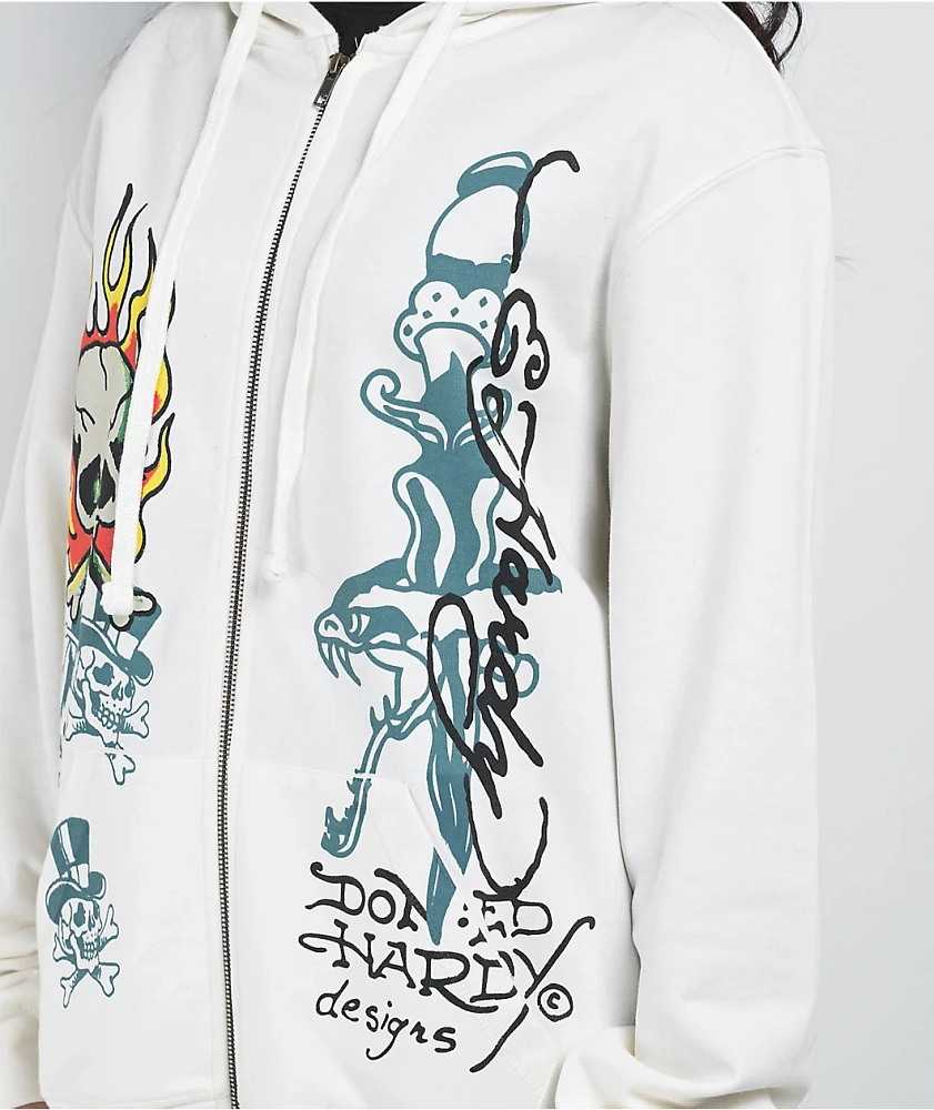 Ed Hardy Flame Skull Ivory Zip Hoodie | Liberty Center
