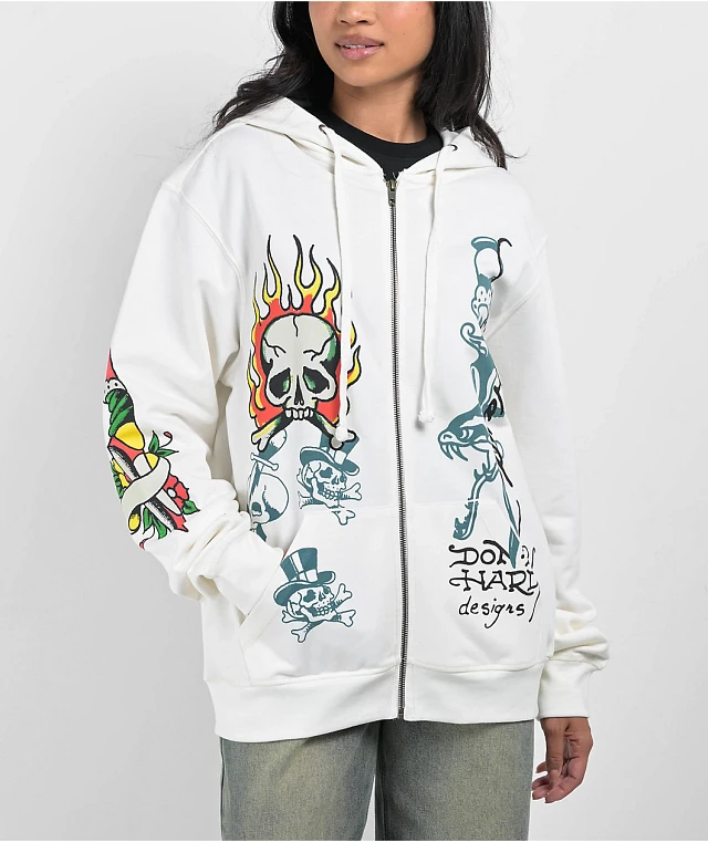 Ed Hardy Flame Skull Ivory Zip Hoodie | Liberty Center