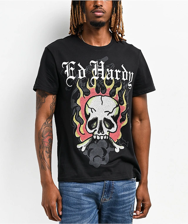 Ed Hardy Death Or Glory Skull Rhinestone Charcoal T-Shirt