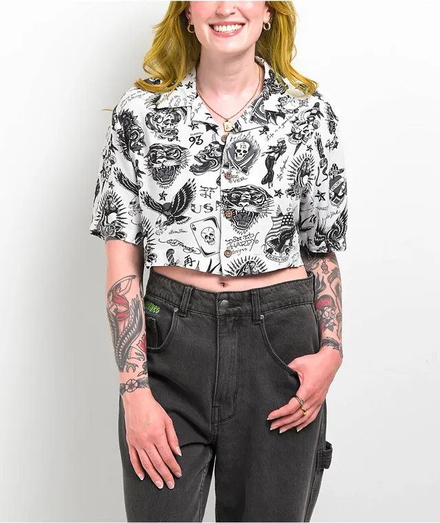 Ed Hardy Flashboard White Crop Button Up Shirt Pueblo Mall
