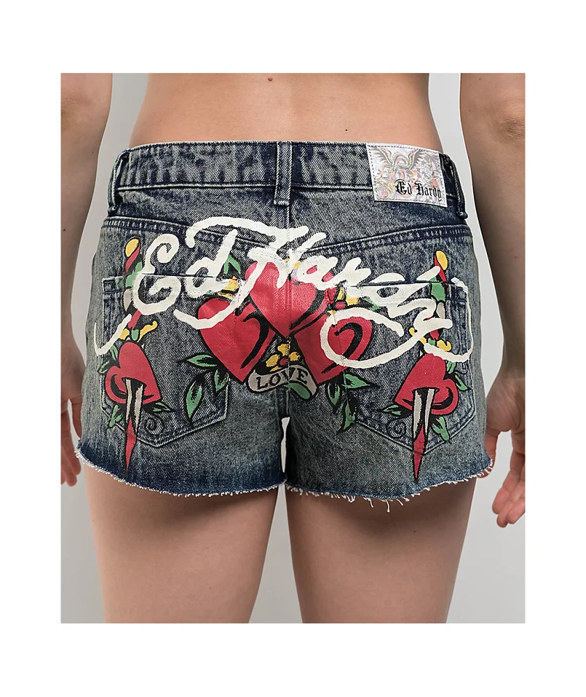 Ed Hardy Heart Dagger Blue Wash Denim Cutoff Shorts at Hamilton