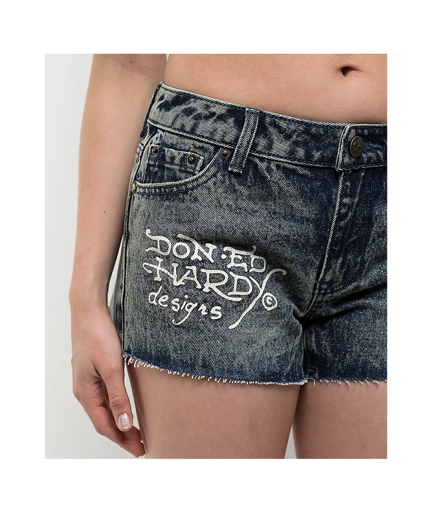 Ed Hardy Heart Dagger Blue Wash Denim Cutoff Shorts at Hamilton
