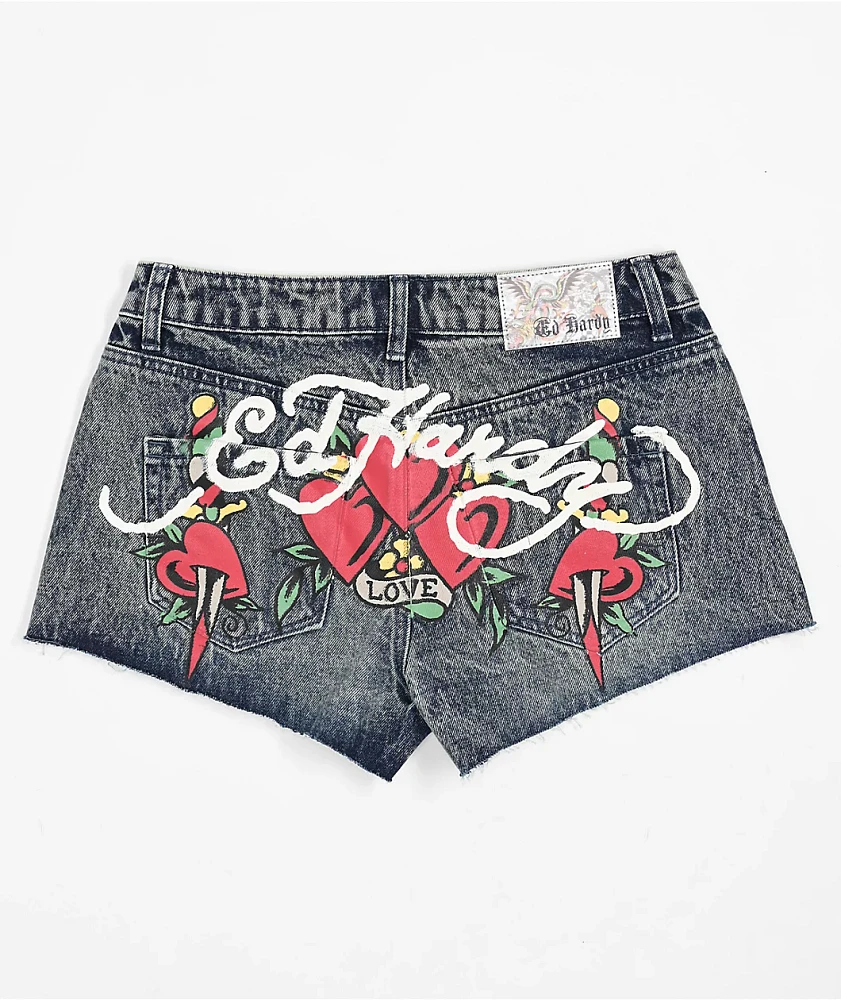 Ed Hardy Heart Dagger Blue Wash Denim Cutoff Shorts at Hamilton