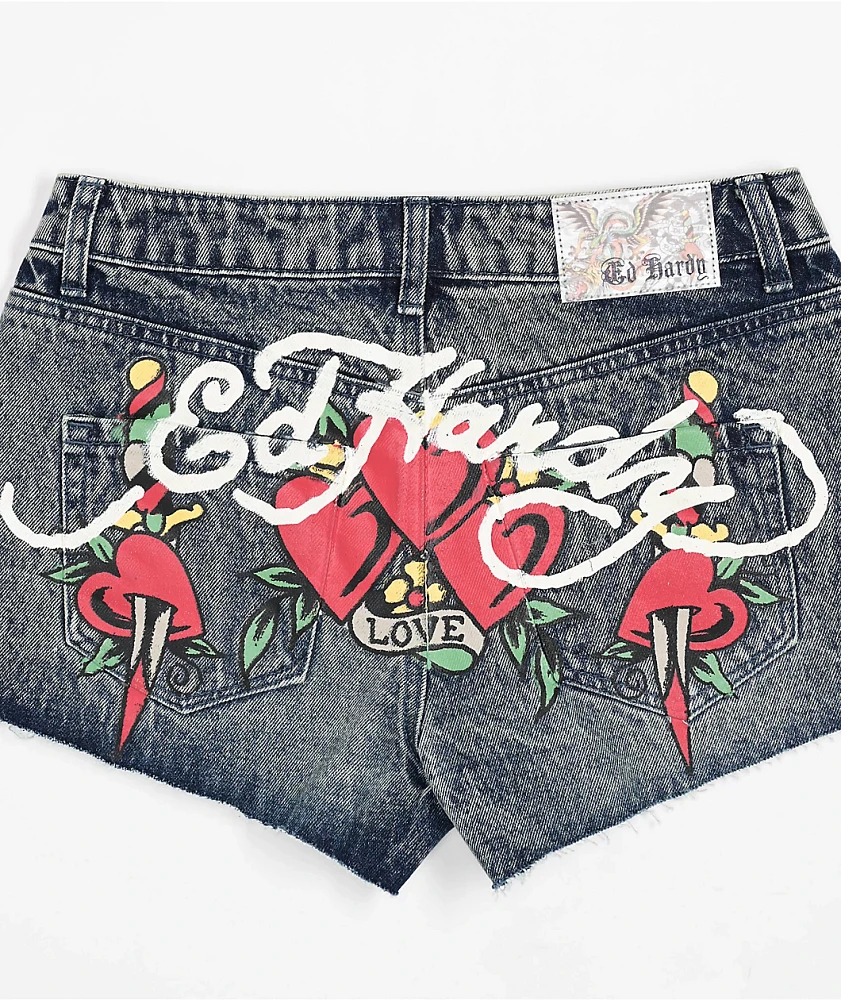 Ed Hardy Heart Dagger Blue Wash Denim Cutoff Shorts at Hamilton