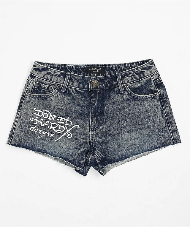 Ed Hardy Heart Dagger Blue Wash Denim Cutoff Shorts at Hamilton