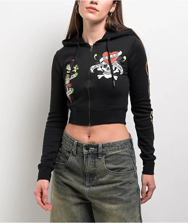 Ed Hardy Flower Skulls Powder Blue Crop Zip Hoodie | Arden Fair