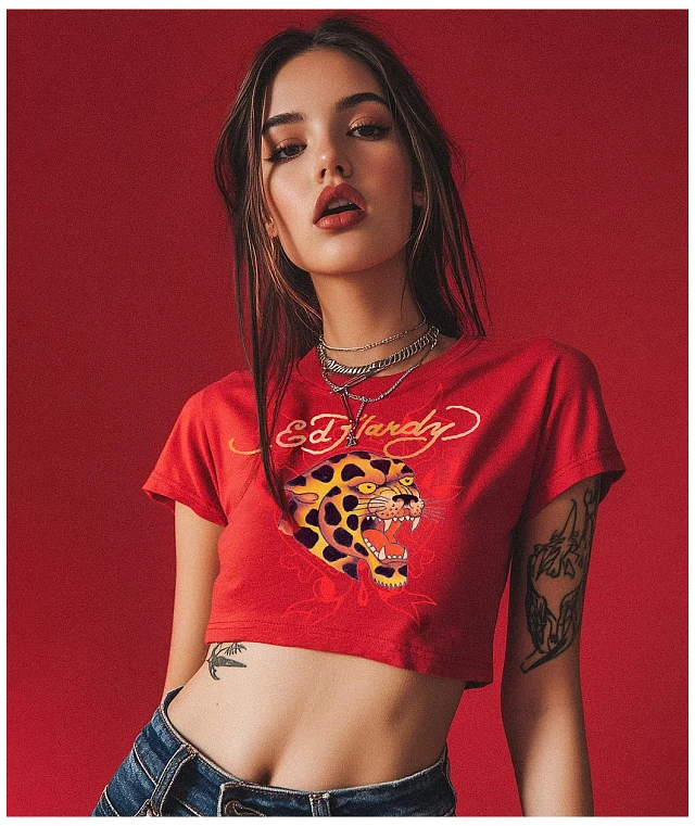 Ed Hardy Leopard Cherry Red Crop T-Shirt | Arden Fair