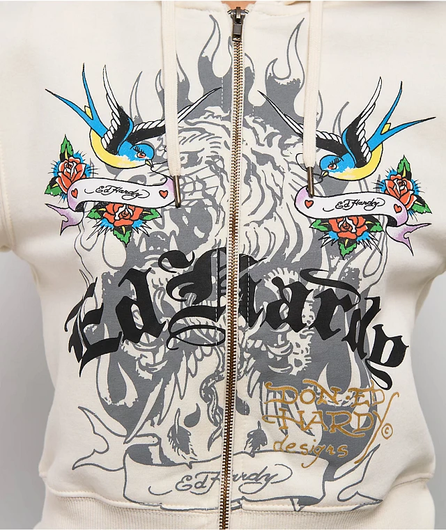 Ed Hardy Love Kills Slowly Heart Ivory Crop Zip Hoodie | Liberty