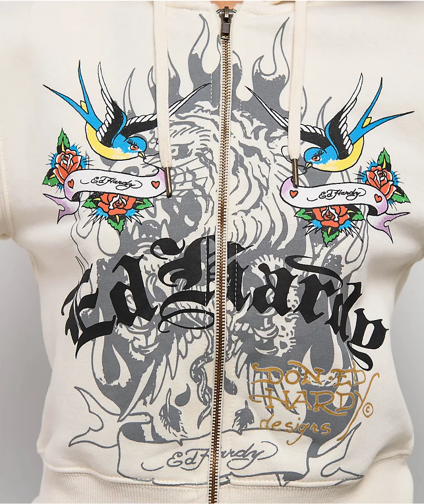 Ed Hardy Love Kills Slowly Heart Ivory Crop Zip Hoodie | Liberty