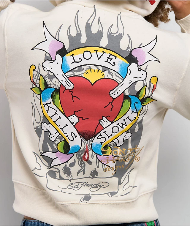 Ed Hardy Love Kills Slowly Heart Ivory Crop Zip Hoodie | Liberty