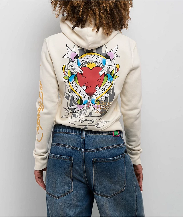 Ed Hardy Love Kills Slowly Heart Ivory Crop Zip Hoodie | Liberty