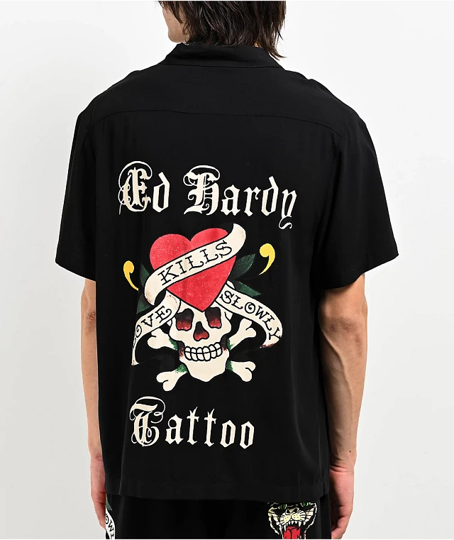 Ed Hardy Love Kills Slowly Woven Black Short Sleeve Button Up