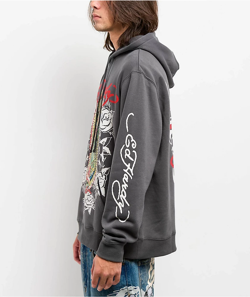 Ed Hardy Mary Rhinestone Charcoal Hoodie | MainPlace Mall