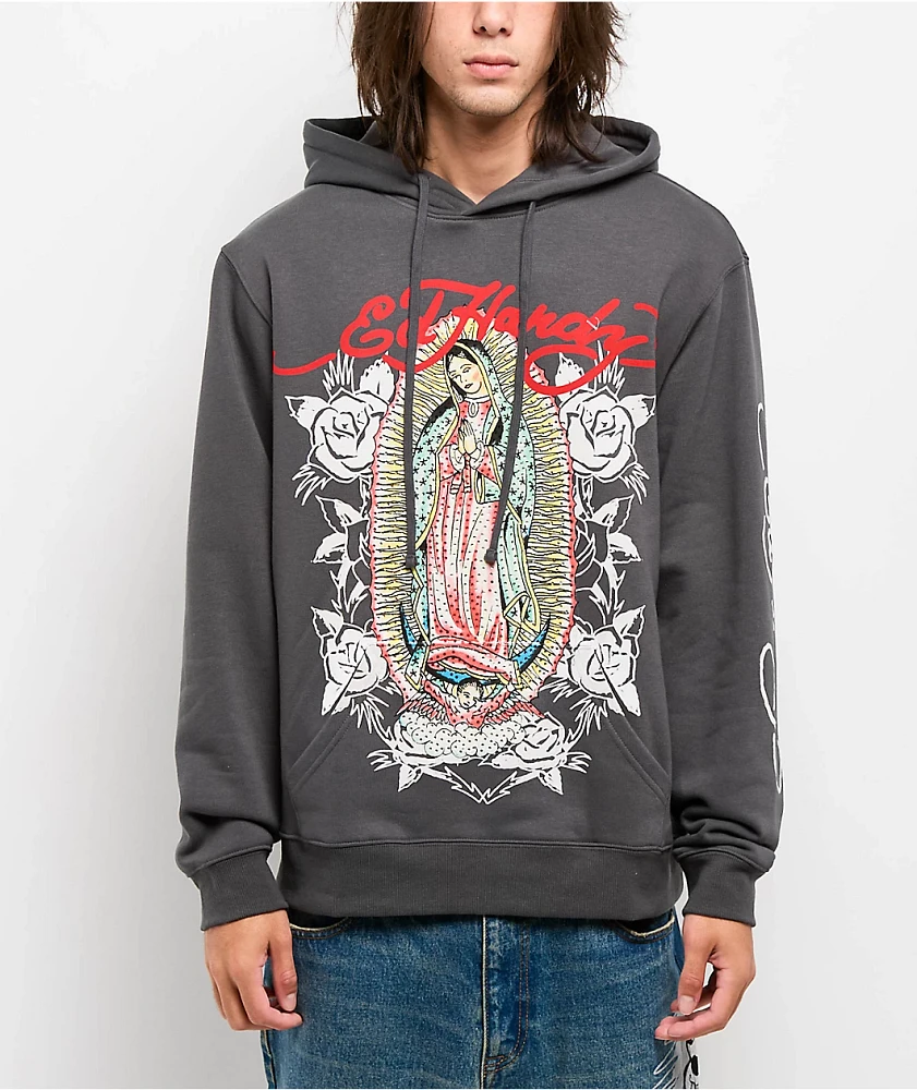 Ed Hardy Mary Rhinestone Charcoal Hoodie | MainPlace Mall