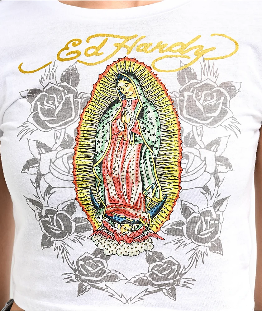 Ed Hardy Mary Rhinestone White Crop T-Shirt at Hamilton Place in