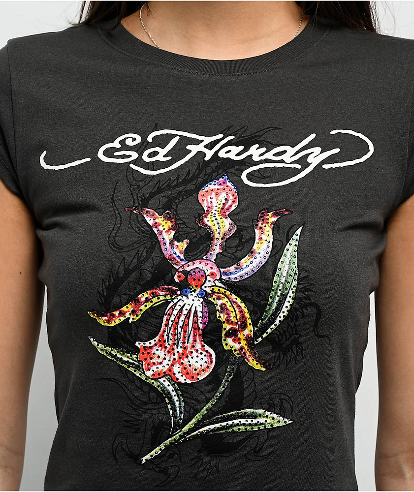 Ed Hardy Orchid Rhinestone Charcoal Cap Sleeve T-Shirt | MainPlace