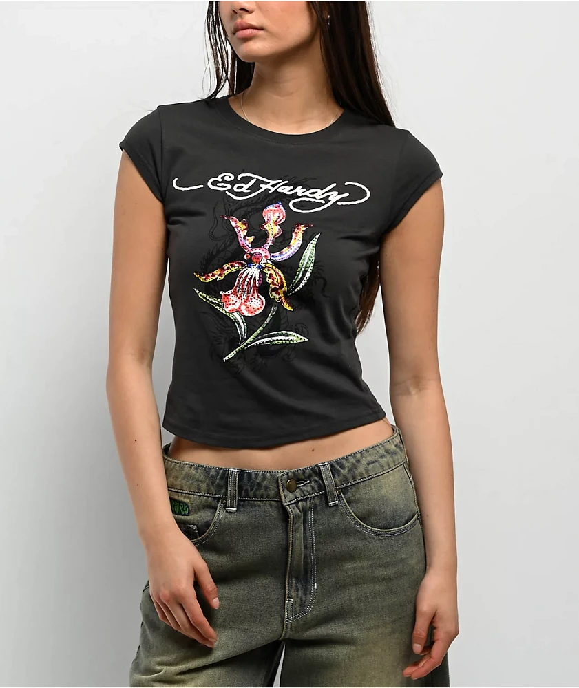 Ed Hardy Orchid Rhinestone Charcoal Cap Sleeve T-Shirt | MainPlace