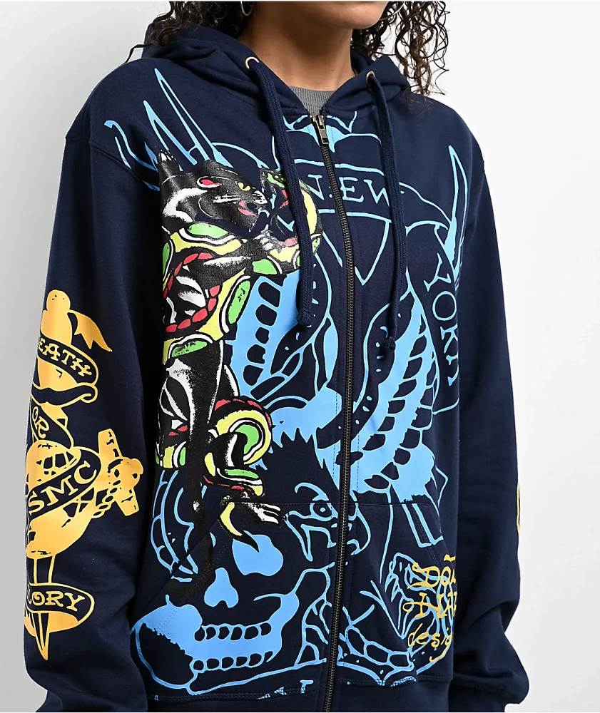 Ed Hardy Panther Bulldog Navy Zip Hoodie | Arden Fair