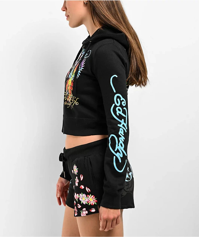 Ed Hardy Phoenix Y2K Black Crop Zip Hoodie | Arden Fair