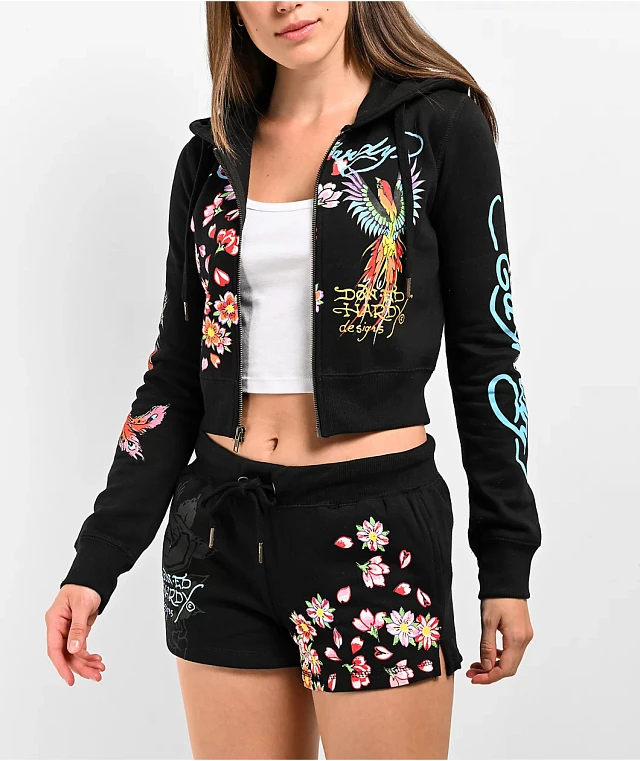 Ed Hardy Phoenix Y2K Black Crop Zip Hoodie at Hamilton Place in