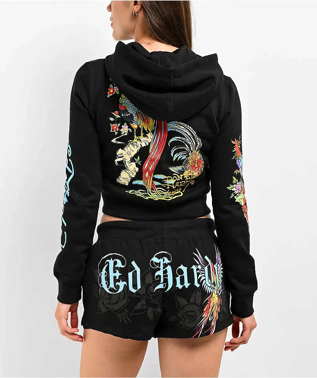 Ed Hardy Phoenix Y2K Black Crop Zip Hoodie | Liberty Center
