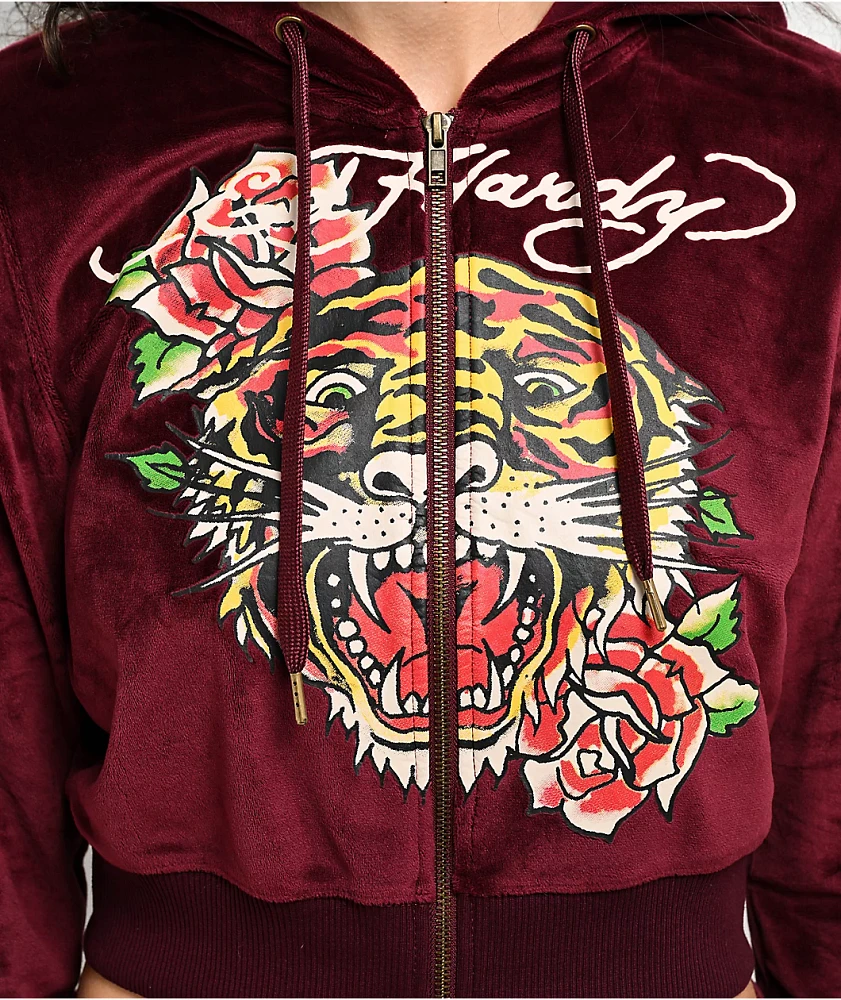 Ed Hardy Retro Tiger Burgundy Velour Crop Zip Hoodie at Hamilton