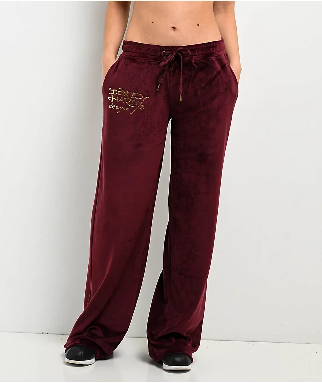 Ed Hardy Retro Tiger Burgundy Velour Track Pants | Arden Fair