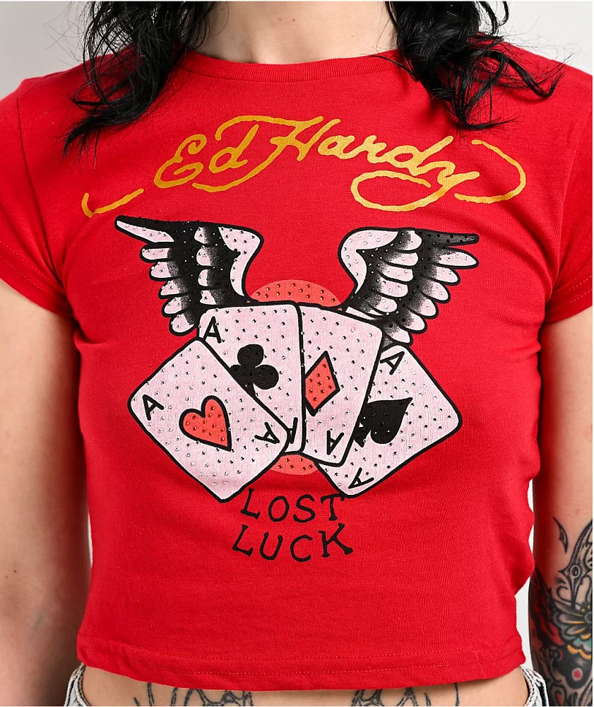 Ed Hardy Rhinestone Aces Red Crop T-Shirt at Hamilton Place