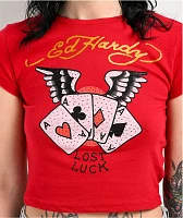 エドハーディ　ma-1 Ed Hardy Rhinestone Aces Red Crop T-Shirt at Hamilton Place