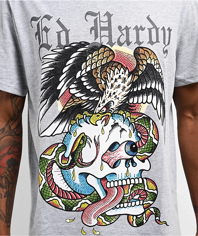 Ed Hardy Rhinestone Battle Heather Grey T-Shirt | Dulles