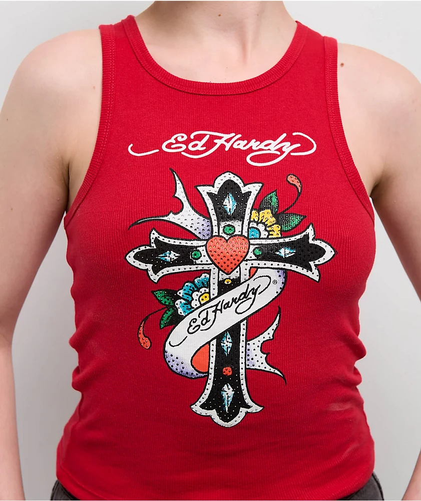 Ed Hardy Rhinestone Cross Cherry Tank Top | MainPlace Mall